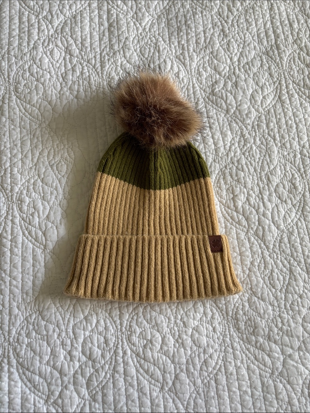 Lucky Brand Ribbed Two-Tone Faux Fur Pom Beanie Hat - Tan & Olive One Size